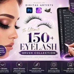 以下が含まれることがあります： デジタルアーティスト向けの150種類以上のまつげブラシコレクションのデジタル製品広告。グラフィックには、長いまつげを持つ顔の横顔、ソフトウェアアイコン、タブレットインターフェース、および「The Ultimate 150+ EYELASH BRUSH COLLECTION」というテキストが含まれています。