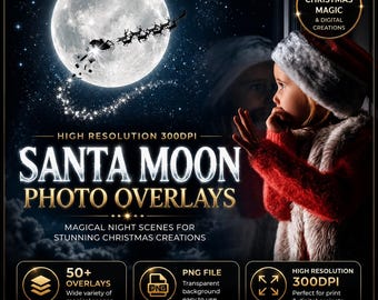 Santa Sleigh Moon Photo Overlays: Christmas Sky PNG (Digital Download)
