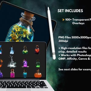 May include: A digital art set featuring potion bottles with various colorful liquids and cork stoppers. The image includes a tablet and laptop displaying the bottles, a stylus, and text that reads "SET INCLUDES" and "100+ Transparent Png Overlays".