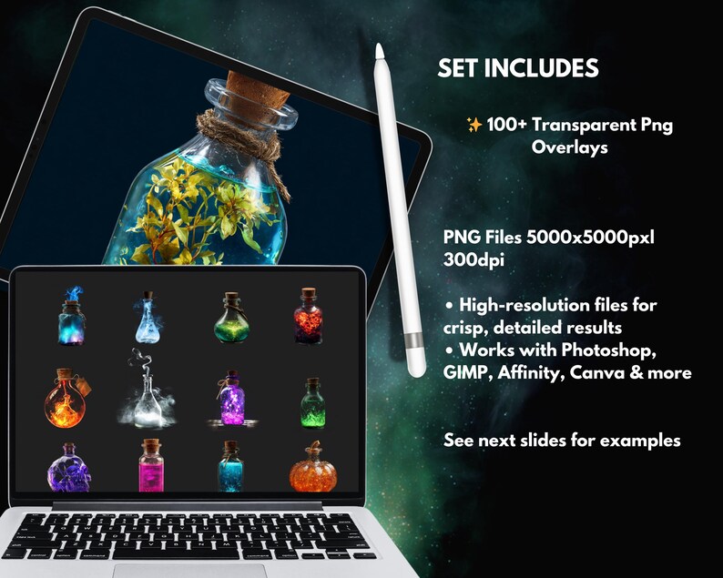 May include: A digital art set featuring potion bottles with various colorful liquids and cork stoppers. The image includes a tablet and laptop displaying the bottles, a stylus, and text that reads "SET INCLUDES" and "100+ Transparent Png Overlays".