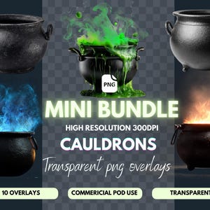 Puede incluir: Un paquete de arte digital con calderos negros con varios efectos. La imagen incluye calderos con efectos brillantes verdes, azules y naranjas. El texto dice "MINI BUNDLE CAULDRONS Transparent png overlays".