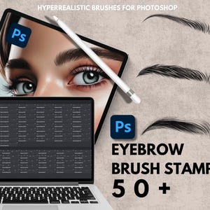 May include: A digital download of 50+ eyebrow brush stamps for Photoshop. The image shows a close-up of a woman's eye with a variety of eyebrow shapes and styles.