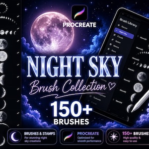 Procreate-Pinselset „Nachthimmel“: Monde, Sterne, Polarlichter (Digitaler Download)