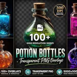 Potion Bottle PNG Overlays: Fantasy Elixirs Clipart (Digital Download)