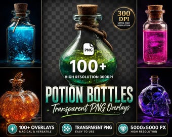 Superposiciones PNG de frascos de pociones: imágenes prediseñadas de elixires de fantasía (descarga digital)