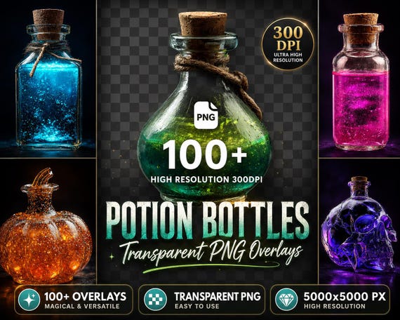 Potion Bottle PNG Overlays: Fantasy Elixirs Clipart (Digital Download)