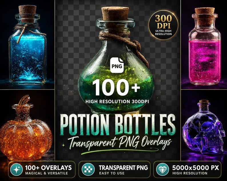 Potion Bottle PNG Overlays: Fantasy Elixirs Clipart (Digital Download) image 1