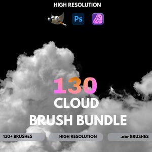 Puede incluir: Gráfico digital con fondo negro y forma de nube en tonos grises. El texto dice "130 CLOUD BRUSH BUNDLE" con indicaciones adicionales "130+ BRUSHES", "HIGH RESOLUTION" y ".abr BRUSHES".