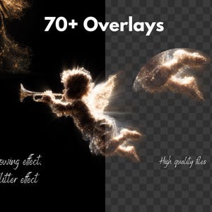 May include: Digital art featuring glowing angel overlays with glitter effects. The image includes a cherub playing a trumpet, and the text "70+ Overlays", "Glowing effect. Glitter effect", and "High quality files".