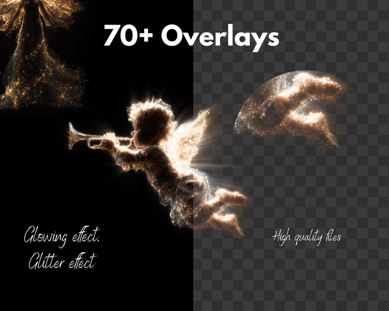 May include: Digital art featuring glowing angel overlays with glitter effects. The image includes a cherub playing a trumpet, and the text "70+ Overlays", "Glowing effect. Glitter effect", and "High quality files".