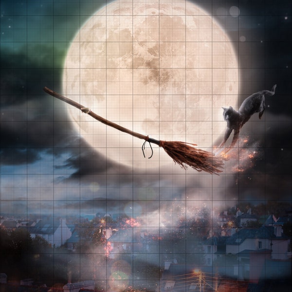 Halloween witch Backdrop Photography Composite, Witch Broom Digital Background, Full moon Halloween Photo Template for Photoshop Enchanted