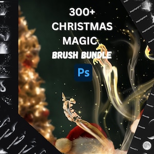 May include: A digital illustration of a unicorn with a glowing tail and a Christmas tree in the background. The text "300+ CHRISTMAS MAGIC BRUSH BUNDLE" is displayed above the unicorn. The text "Ps" is displayed below the unicorn.