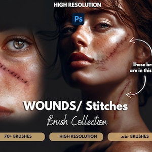 Puede incluir: Un paquete de arte digital que presenta el rostro de una mujer con heridas y puntadas simuladas. La imagen incluye el texto "WOUNDS/ Stitches Brush Collection" y destaca "70+ BRUSHES", "HIGH RESOLUTION" y ".abr BRUSHES".
