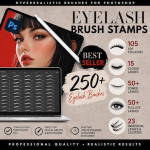 Puede incluir: Un anuncio de producto digital para sellos de pincel de pestañas de Photoshop con una tableta que muestra un retrato, un lápiz óptico y una lista de más de 250 pinceles, incluyendo 105 superiores, 15 cerradas, 50+ inferiores, 50+ completas y 23 grupos.