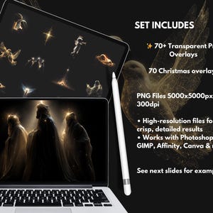 May include: A laptop and tablet display digital art overlays. The laptop screen shows three figures with glowing light. The tablet displays various transparent PNG overlays. The image includes the text "SET INCLUDES" and "70+ Transparent Png Overlays".