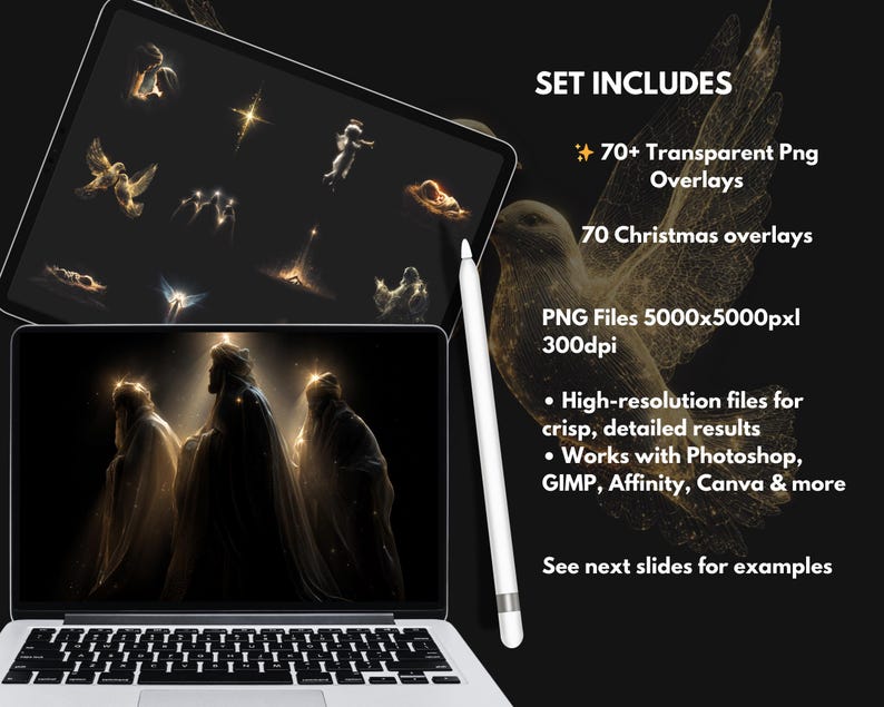 May include: A laptop and tablet display digital art overlays. The laptop screen shows three figures with glowing light. The tablet displays various transparent PNG overlays. The image includes the text "SET INCLUDES" and "70+ Transparent Png Overlays".