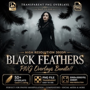 Black Feather Overlays Photoshop, Gothic Feather PNG Bundle, Dark Fantasy Photo Overlays, Falling Feathers, Witchy Editing Pack, 50+ PNG