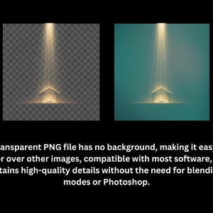 May include: Two images side-by-side. The left image is a transparent PNG of a glowing nativity scene with a light beam. The right image is the same scene on a teal background. Text: A transparent PNG file has no background, making it easy to layer over other images.