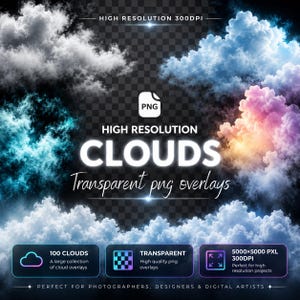 100 sobreposições de nuvens realistas em PNG, efeitos fotográficos (download digital)