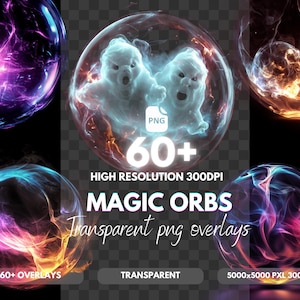 Könnte beinhalten: Digitale Kunst mit leuchtenden Kugeln und verschiedenen Effekten. Das Bild enthält den Text "60+ MAGIC ORBS Transparent png overlays" und "HIGH RESOLUTION 300DPI". Die Kugeln zeigen lebendige Farben und ätherische Designs für digitale Kunst.