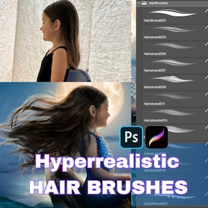 Photoshop Hair brushes. Instant digital download, Realistic Hair texture, Digital Art, Painted hair, Strands of Hairs, Curls Brushes