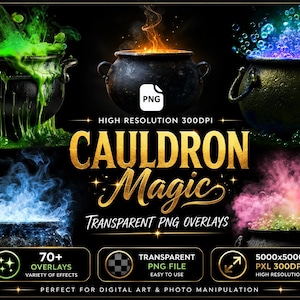 Halloween Cauldron Overlays: Magic Smoke & Bubbles Photo Effects (PNG Digital Download