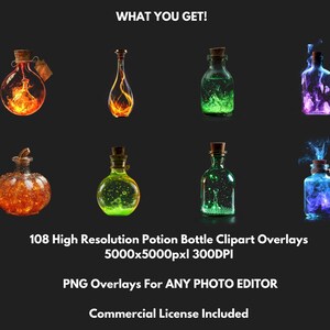 May include: A collection of eight potion bottle clipart overlays with various glowing effects. The bottles are filled with orange, green, blue, and purple light, and some have cork stoppers. The text "WHAT YOU GET!" is at the top.