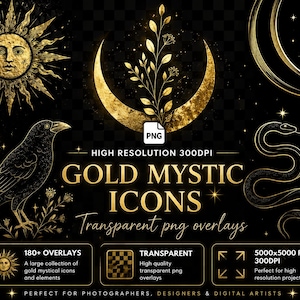 180+ PNG-Dateien mit Goldfolienmotiven, gotischen, himmlischen und hexenhaften Symbolen, transparenten mystischen Cliparts, botanischen PNGs mit Mond, Schlange und Rabe