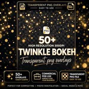 Superposición de luz bokeh dorada: Efectos fotográficos bokeh centelleantes (descarga digital de imágenes prediseñadas PNG 5000x5000pxl)