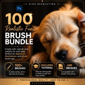 Pode incluir: Um anúncio de produto digital para um pacote de 100 pincéis de pelo realista para Adobe Photoshop. O gráfico apresenta um filhote dourado dormindo, texto dourado e três ícones representando 100+ pincéis, um tutorial e arquivos .ABR.