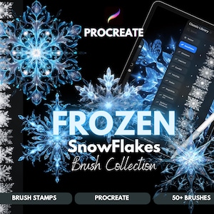 May include: Digital art brushes for Procreate featuring a Frozen Snowflake Brush Collection. The image shows a tablet with a stylus, snowflake designs, and the words "Frozen Snowflakes Brush Collection". Includes over 50 brushes.