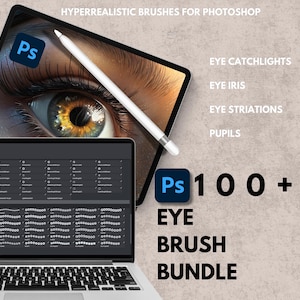 Könnte beinhalten: Eine digitale Illustration eines Auges mit einer Vielzahl von Pinseln für Photoshop. Der Text "Ps 100+ EYE BRUSH BUNDLE" wird auf dem Bild angezeigt. Die Pinsel sind so konzipiert, dass sie realistische Augendetails erzeugen, einschließlich Lichtspiegelungen, Iris, Streifen und Pupillen.