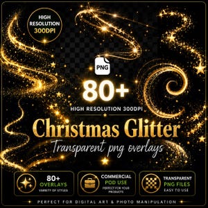 Gold Glitter Christmas Stars PNG Overlays | Holiday Light Clipart Set