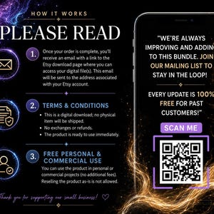 May include: An informational graphic on a black background with purple and gold light effects. It outlines digital download instructions, terms, and usage rights. A smartphone graphic displays a QR code and text about mailing list updates.
