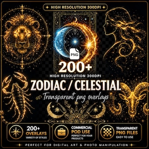 Zodiac Celestial PNG Overlays: Glowing Astrology Clipart (Digital Download) image 1