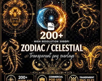 Zodiac Celestial PNG Overlays: Glowing Astrology Clipart (Digital Download)