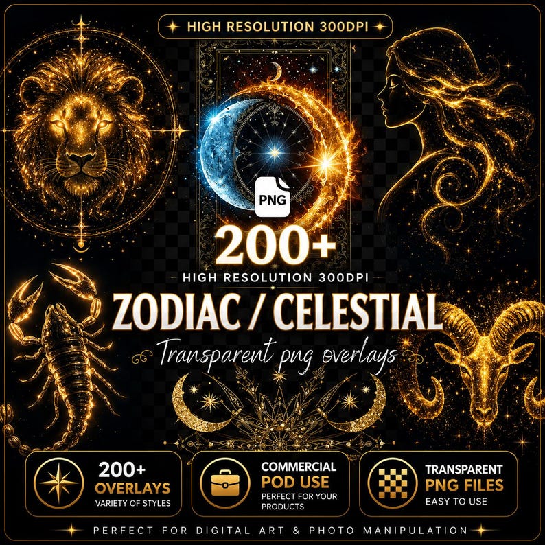 Zodiac Celestial PNG Overlays: Glowing Astrology Clipart (Digital Download) image 1