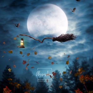 May include: A witch's broom with a lantern hanging from it flies through the air in front of a full moon. The sky is dark blue with clouds and there are falling leaves in the foreground.