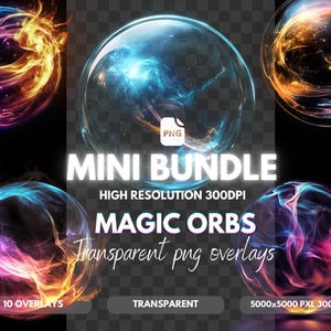 Puede incluir: Imagen de arte digital con orbes brillantes en varios colores, incluyendo azul, naranja y morado. El texto "MINI BUNDLE" y "MAGIC ORBS" se muestra, junto con "Transparent png overlays". La imagen es de alta resolución, 5000x5000 píxeles.