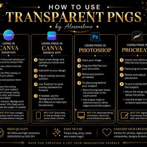 May include: An instructional infographic titled HOW TO USE TRANSPARENT PNGS by Alesseslens. It features four columns detailing steps for Canva desktop, Canva mobile, Photoshop, and Procreate, with gold text on a black background and decorative leaf accents.