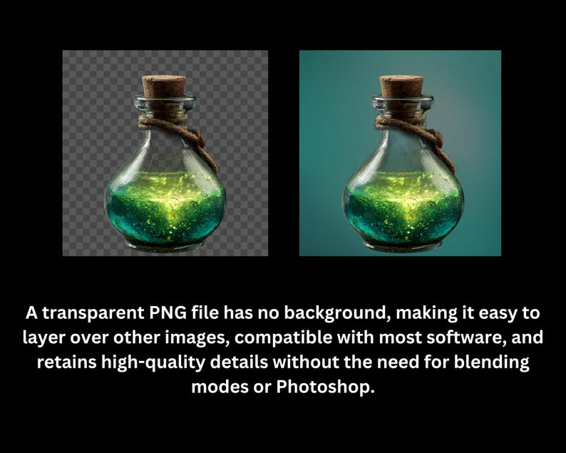 May include: A glass potion bottle with a cork stopper and twine detail. The bottle contains a glowing green liquid with a yellow center. The image is a transparent PNG file.