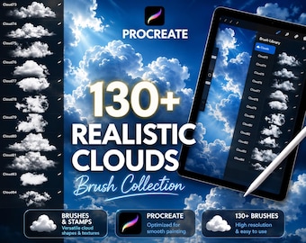 Conjunto de pinceles de nubes para Procreate: más de 130 sellos de cielo realistas (descarga digital)