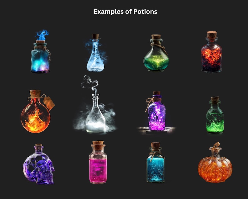 May include: An image displays various potion bottles with glowing, colorful contents. The bottles have cork stoppers and are filled with blue, green, purple, and orange liquids. Some bottles have smoke or light effects, and the text "Examples of Potions" is at the top.