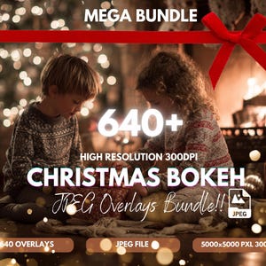 Puede incluir: Imagen navideña con dos niños en jerséis, rodeados de luces y una chimenea. El texto dice "MEGA BUNDLE" y "CHRISTMAS BOKEH JPEG Overlays Bundle!!" con detalles sobre la resolución y las capas.