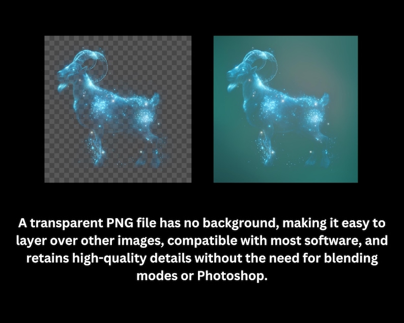 May include: A digital illustration of a ram, rendered in a celestial style with blue and white glowing particles. The image is a transparent PNG file, as stated in the text below the image.