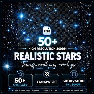 Más de 50 superposiciones PNG realistas de estrellas brillantes, estrellas mágicas, superposiciones transparentes de cielo nocturno, imágenes prediseñadas de estrellas (descarga digital de imágenes PNG)