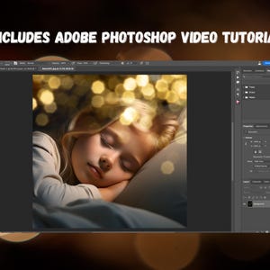 May include: A photo editing software screenshot showing a photo of a young girl sleeping with a bokeh effect of lights in the background. The image is being edited in Adobe Photoshop.
