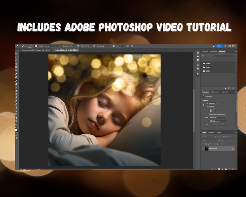 May include: A photo editing software screenshot showing a photo of a young girl sleeping with a bokeh effect of lights in the background. The image is being edited in Adobe Photoshop.