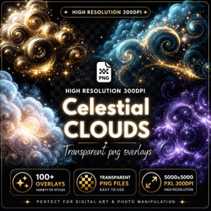 100+ Celestial Cloud PNG Bundle, Dreamy Sky Cloud Overlays, Transparent Cloud Clipart, Celestial PNG Overlays: Glowing Astrology Clipart