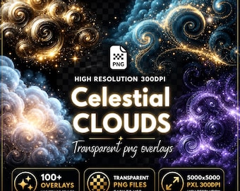 100+ Celestial Cloud PNG Bundle, Dreamy Sky Cloud Overlays, Transparent Cloud Clipart, Celestial PNG Overlays: Glowing Astrology Clipart